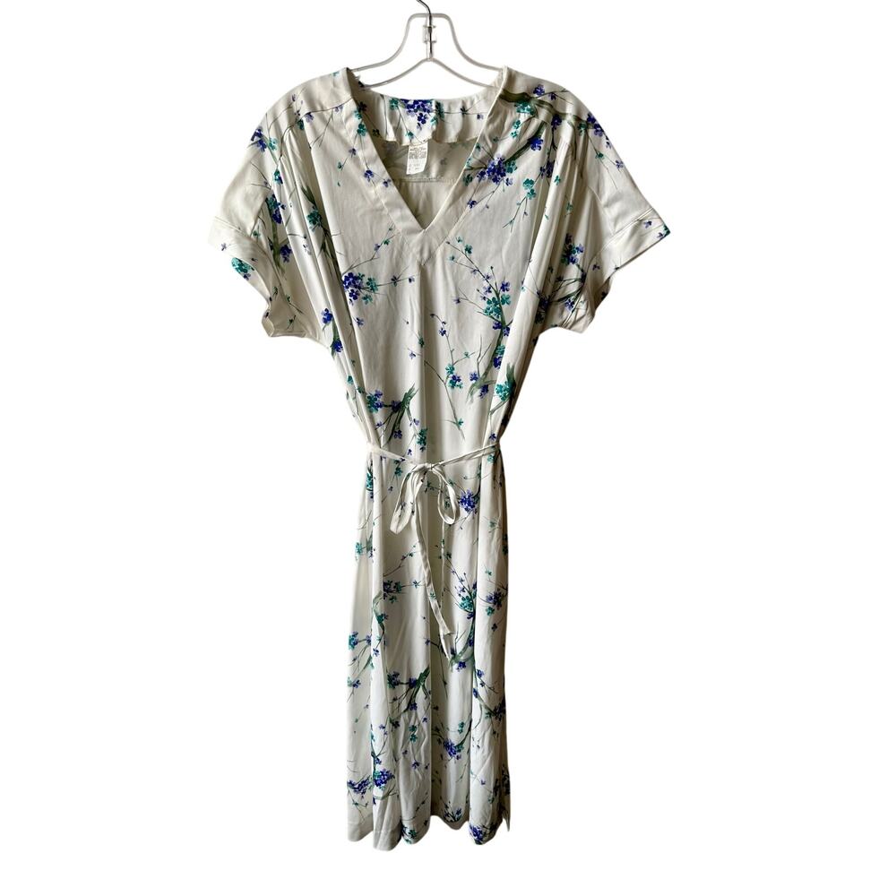Vintage Floral Midi Shift Dress White Purple V-Neck Pullover Cottage Tunic XL